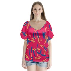 Pattern Booty Faces V-neck Flutter Sleeve Top by Ndabl3x