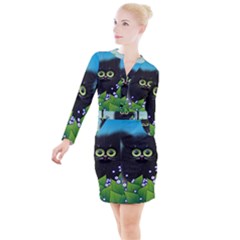Kitten Black Furry Illustration Button Long Sleeve Dress by Sarkoni
