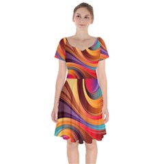 Abstract Colorful Background Wavy Short Sleeve Bardot Dress by Sarkoni