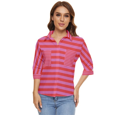 Stripes Striped Design Pattern Women s Quarter Sleeve Pocket Shirt by Grandong