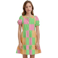 Checkerboard Pastel Squares Kids  Puff Sleeved Dress by Grandong