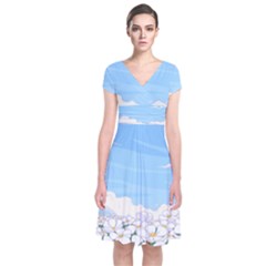 White Petaled Flowers Illustration Adventure Time Cartoon Short Sleeve Front Wrap Dress by Sarkoni