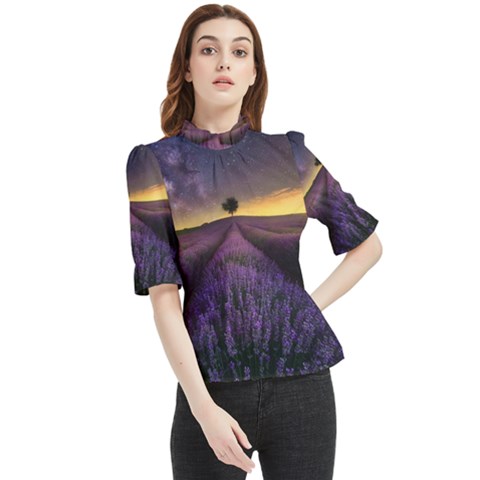 Bed Of Purple Petaled Flowers Photography Landscape Nature Frill Neck Blouse by Sarkoni
