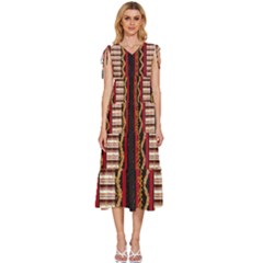 Textile Pattern Abstract Fabric V-neck Drawstring Shoulder Sleeveless Maxi Dress by Modalart