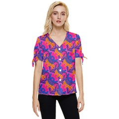 Purple Blue Abstract Pattern Bow Sleeve Button Up Top by Bedest