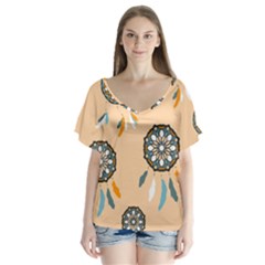 Dreamcatcher Pattern Pen Background V-neck Flutter Sleeve Top by Ravend