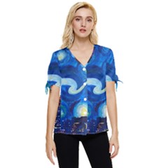 Starry Night In New York Van Gogh Manhattan Chrysler Building And Empire State Building Bow Sleeve Button Up Top by Modalart