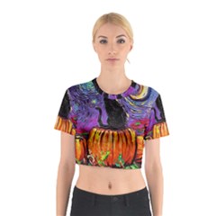 Halloween Art Starry Night Hallows Eve Black Cat Pumpkin Cotton Crop Top by Modalart
