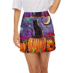 Halloween Art Starry Night Hallows Eve Black Cat Pumpkin Mini Front Wrap Skirt by Modalart