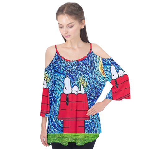 Cartoon Dog Starry Night Van Gogh Parody Flutter Sleeve T-shirt  by Modalart