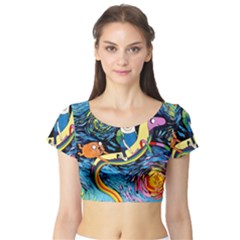 Adventure Time Art Starry Night Van Gogh Short Sleeve Crop Top by Modalart