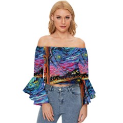 Golden Gate Bridge Starry Night Vincent Van Gogh Off Shoulder Flutter Bell Sleeve Top by Modalart