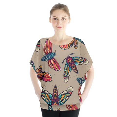 Tattoos Colorful Seamless Pattern Batwing Chiffon Blouse by Bedest