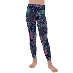 Japanese Wave Koi Illustration Seamless Pattern Kids  Lightweight Velour Leggings by Bedest