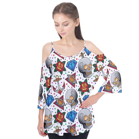 Full Color Flash Tattoo Patterns Flutter Sleeve T-shirt  by Bedest