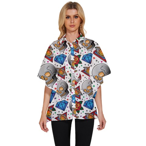 Full Color Flash Tattoo Patterns Women s Batwing Button Up Shirt by Bedest