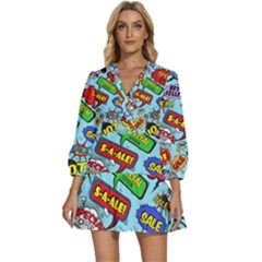 Comic Bubbles Seamless Pattern V-neck Placket Mini Dress by Bedest