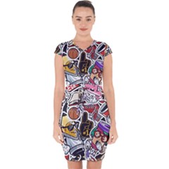 Vintage College Colorful Seamless Pattern Capsleeve Drawstring Dress  by Bedest