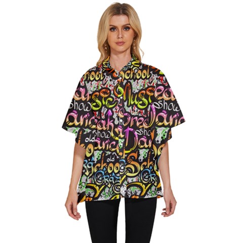 Graffiti Word Seamless Pattern Women s Batwing Button Up Shirt by Bedest