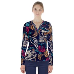 Vintage Art Tattoos Colorful Seamless Pattern V-neck Long Sleeve Top by Bedest