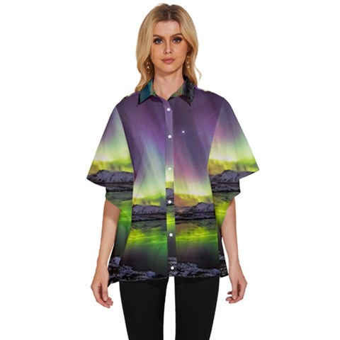 Aurora Borealis Polar Northern Lights Natural Phenomenon North Night Mountains Women s Batwing Button Up Shirt by Pakjumat