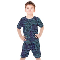 Abstract Blue Wave Texture Patten Kids  T-shirt And Shorts Set by Pakjumat