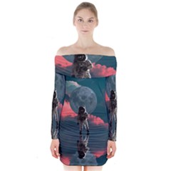 Astronaut Moon Space Nasa Planet Long Sleeve Off Shoulder Dress by Maspions