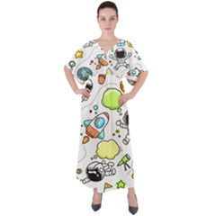 Sketch Cartoon Space Set V-neck Boho Style Maxi Dress by Hannah976