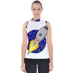Rocket Ship Launch Vehicle Moon Mock Neck Shell Top by Sarkoni