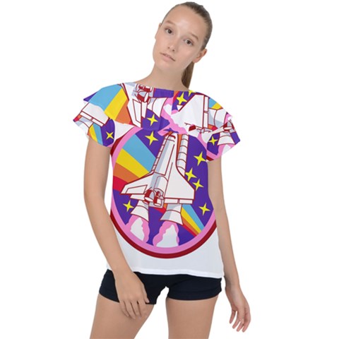 Badge Patch Pink Rainbow Rocket Ruffle Collar Chiffon Blouse by Sarkoni