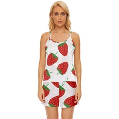 Seamless Pattern Fresh Strawberry Satin Pajama Short Set by Sarkoni