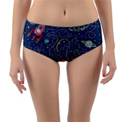 Cat Cosmos Cosmonaut Rocket Reversible Mid-waist Bikini Bottoms by Grandong