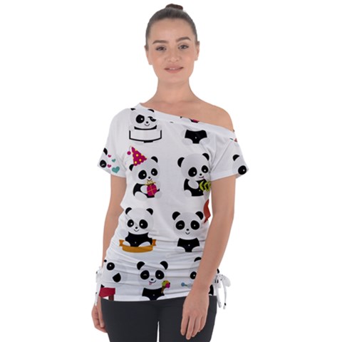 Playing Pandas Cartoons Off Shoulder Tie-up T-shirt by Apen