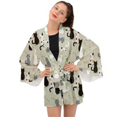 Cute Cat Seamless Pattern Long Sleeve Kimono by Apen