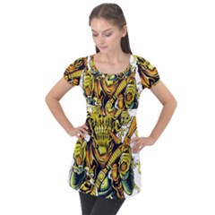 Cowboy Skeleton With Gun Illustration Puff Sleeve Tunic Top by Sarkoni