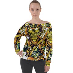 Cowboy Skeleton With Gun Illustration Off Shoulder Long Sleeve Velour Top by Sarkoni