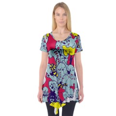 Fresh Urban Cartoon Monster Illustration Cartoon Character Text Short Sleeve Tunic  by Sarkoni