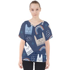 Colorful Cute Cats Seamless Pattern V-neck Dolman Drape Top by Bedest