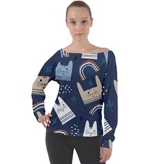 Colorful Cute Cats Seamless Pattern Off Shoulder Long Sleeve Velour Top by Bedest