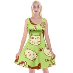 Cute Hand Drawn Cat Seamless Pattern Reversible Velvet Sleeveless Dress by Bedest