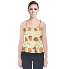 Leaves Foliage Acorns Barrel Velvet Spaghetti Strap Top by Apen