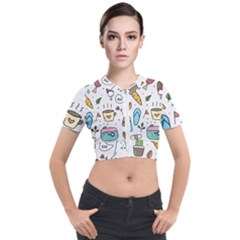Doodle Fun Food Drawing Cute Short Sleeve Cropped Jacket by Apen