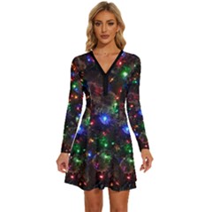 Christmas Lights Long Sleeve Deep V Mini Dress  by Apen