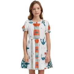 Nautical Elements Pattern Background Kids  Puff Sleeved Dress by Grandong