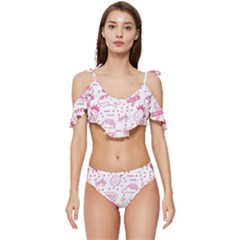 Cute Girly Seamless Pattern Ruffle Edge Tie Up Bikini Set	 by Grandong