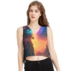 Illustration Trippy Psychedelic Astronaut Landscape Planet Mountains V-neck Cropped Tank Top by Sarkoni