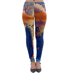Digital Art Fantasy Impressionism Painting Ship Boat Psychedelic Peacock Mushroom Flamingos Hipwreck Lightweight Velour Leggings by Sarkoni