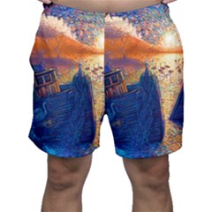 Digital Art Fantasy Impressionism Painting Ship Boat Psychedelic Peacock Mushroom Flamingos Hipwreck Men s Shorts by Sarkoni