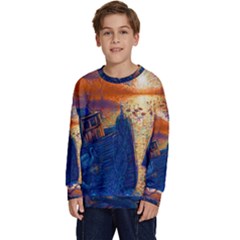 Digital Art Fantasy Impressionism Painting Ship Boat Psychedelic Peacock Mushroom Flamingos Hipwreck Kids  Crewneck Sweatshirt by Sarkoni