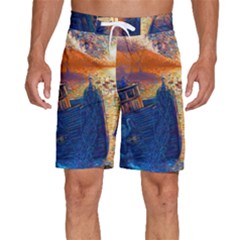 Digital Art Fantasy Impressionism Painting Ship Boat Psychedelic Peacock Mushroom Flamingos Hipwreck Men s Beach Shorts by Sarkoni
